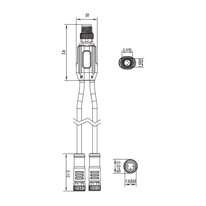 M8 3Pin male/2M8 3Pin female、Y-plug、Pre cast PVC non flexible cables、Grey sheathed、63D343-XXX